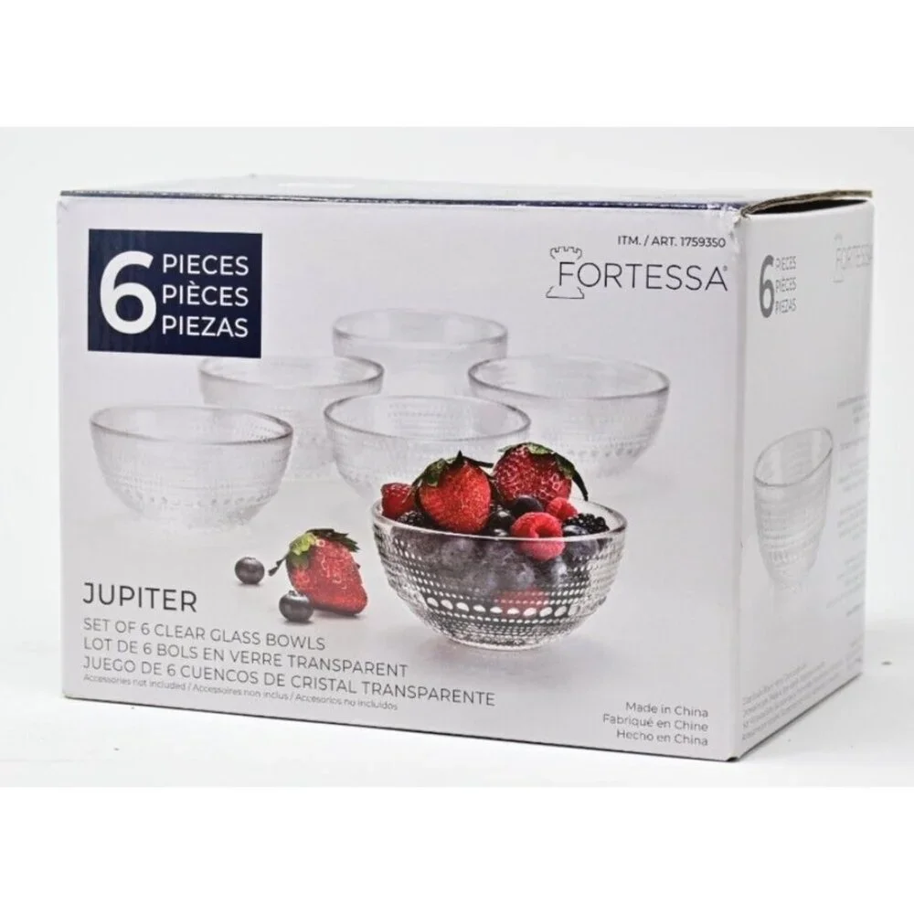 Fortessa Jupiter Clear Glass Bowls Set of 6 - Cereal, Soup, Salad